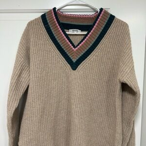 Madewell Beige V-Neck Sweater with Striped Collar